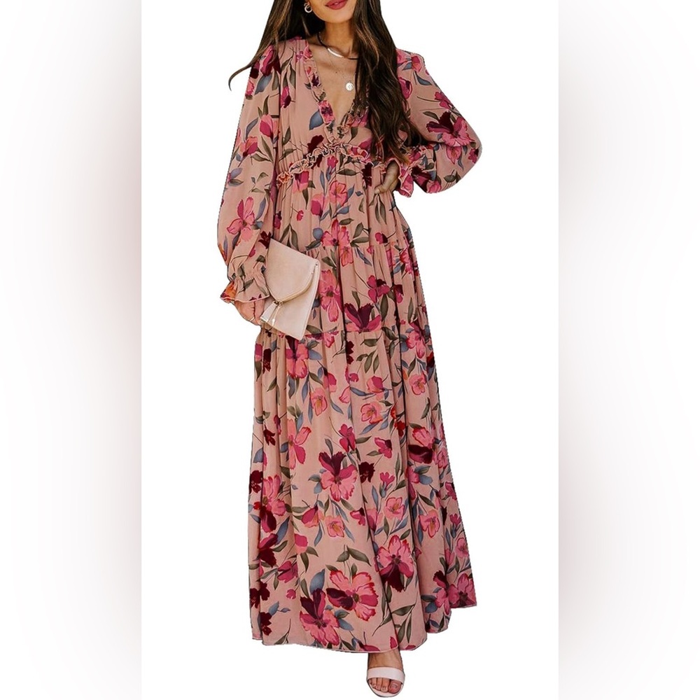 Womens Casual Floral Deep V Neck Long Sleeve Maxi Dress | Sz L